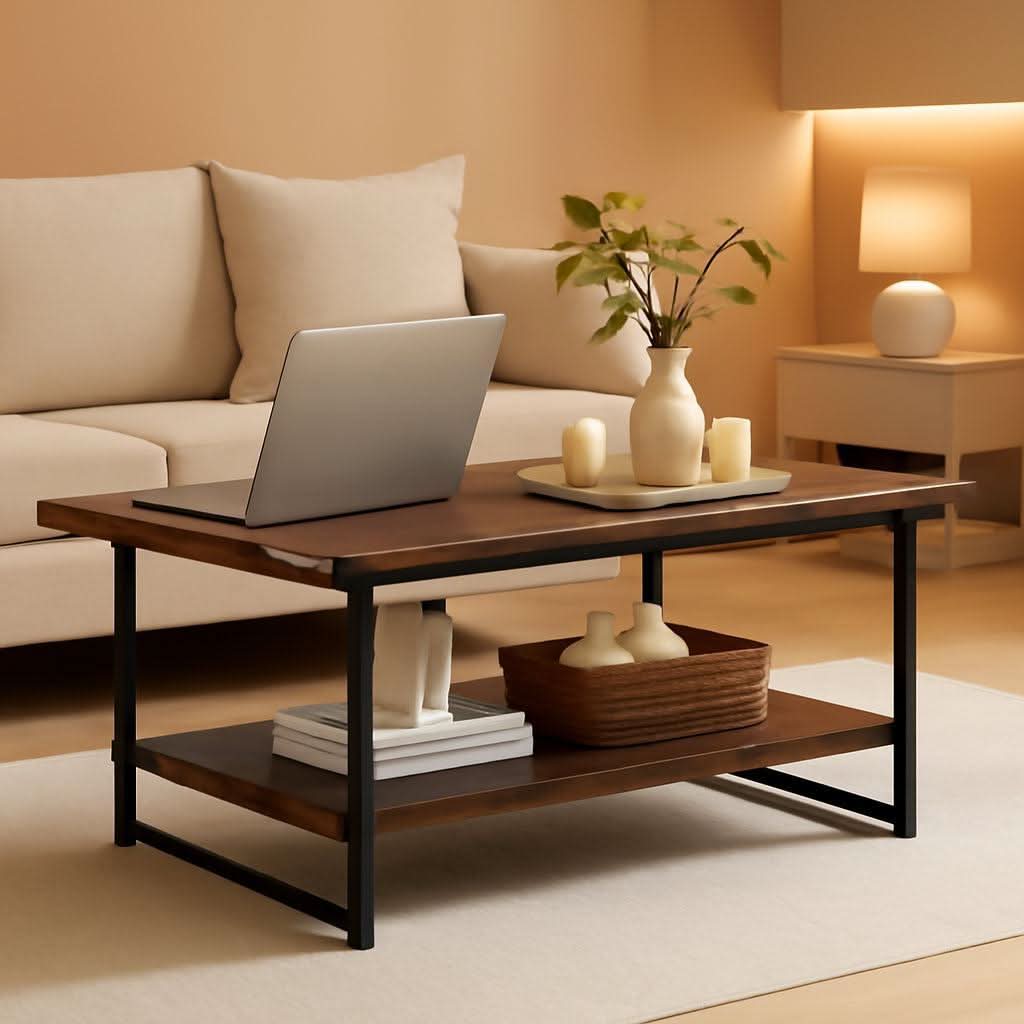 Two Tier Walnut Coffee Table Industrial Living Room-0