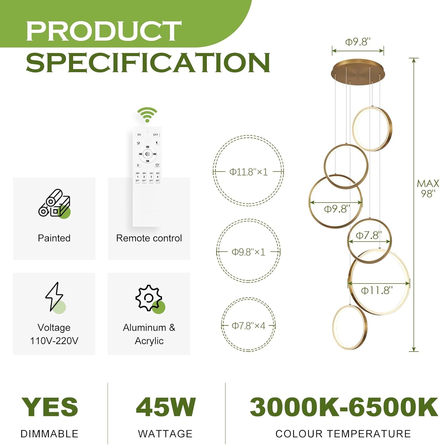 Gold Modern LED Chandelier Dimmable Pendant Luminaire