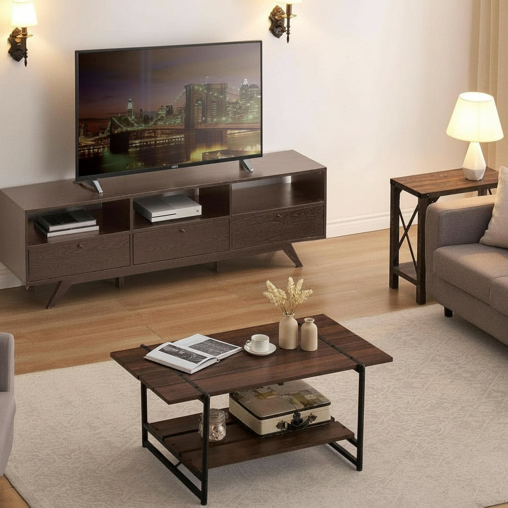 Two Tier Walnut Coffee Table Industrial Living Room-3