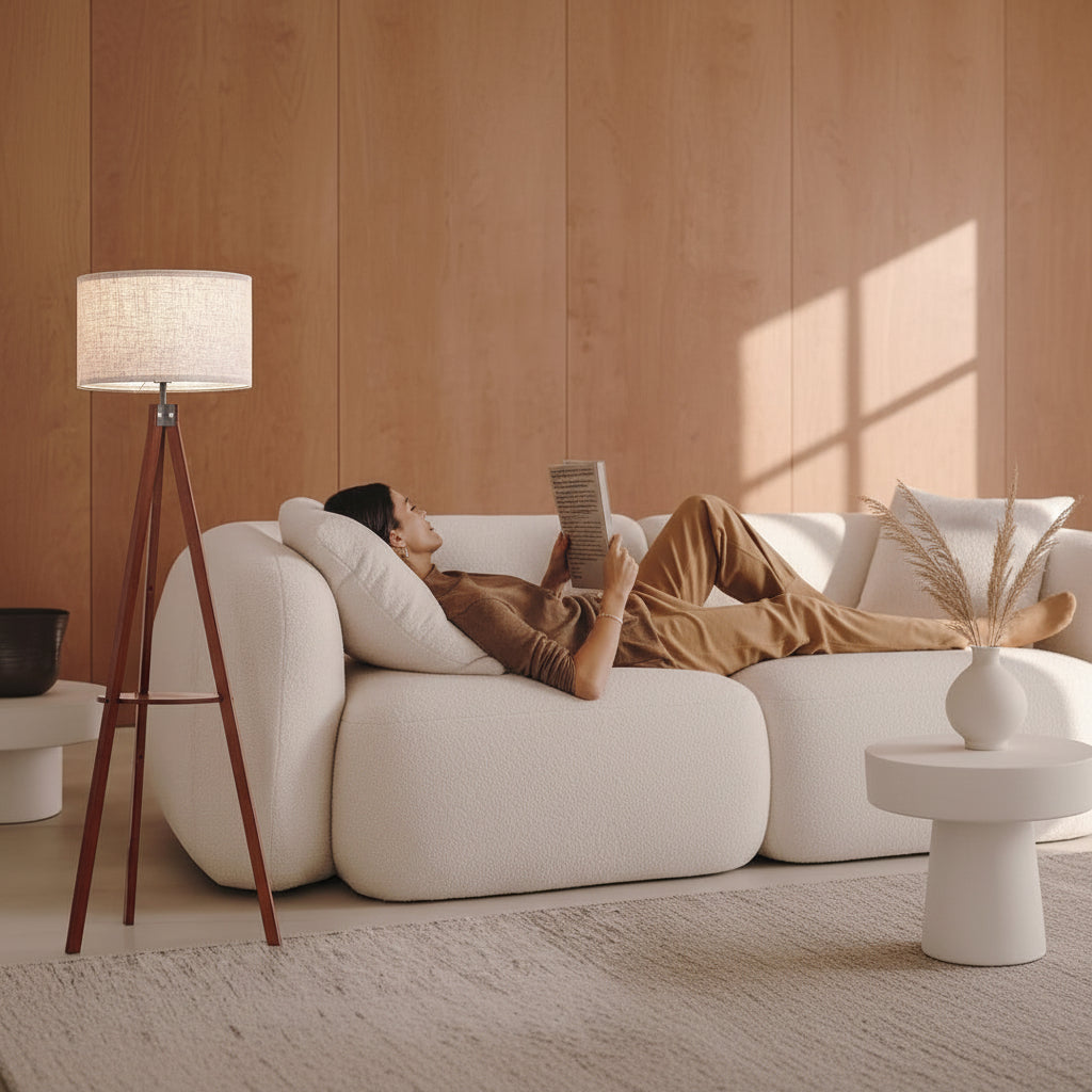 Contemporary Brown Walnut Timber Tripod Floor Lamp-3