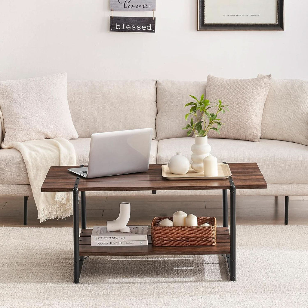 Two Tier Walnut Coffee Table Industrial Living Room-4