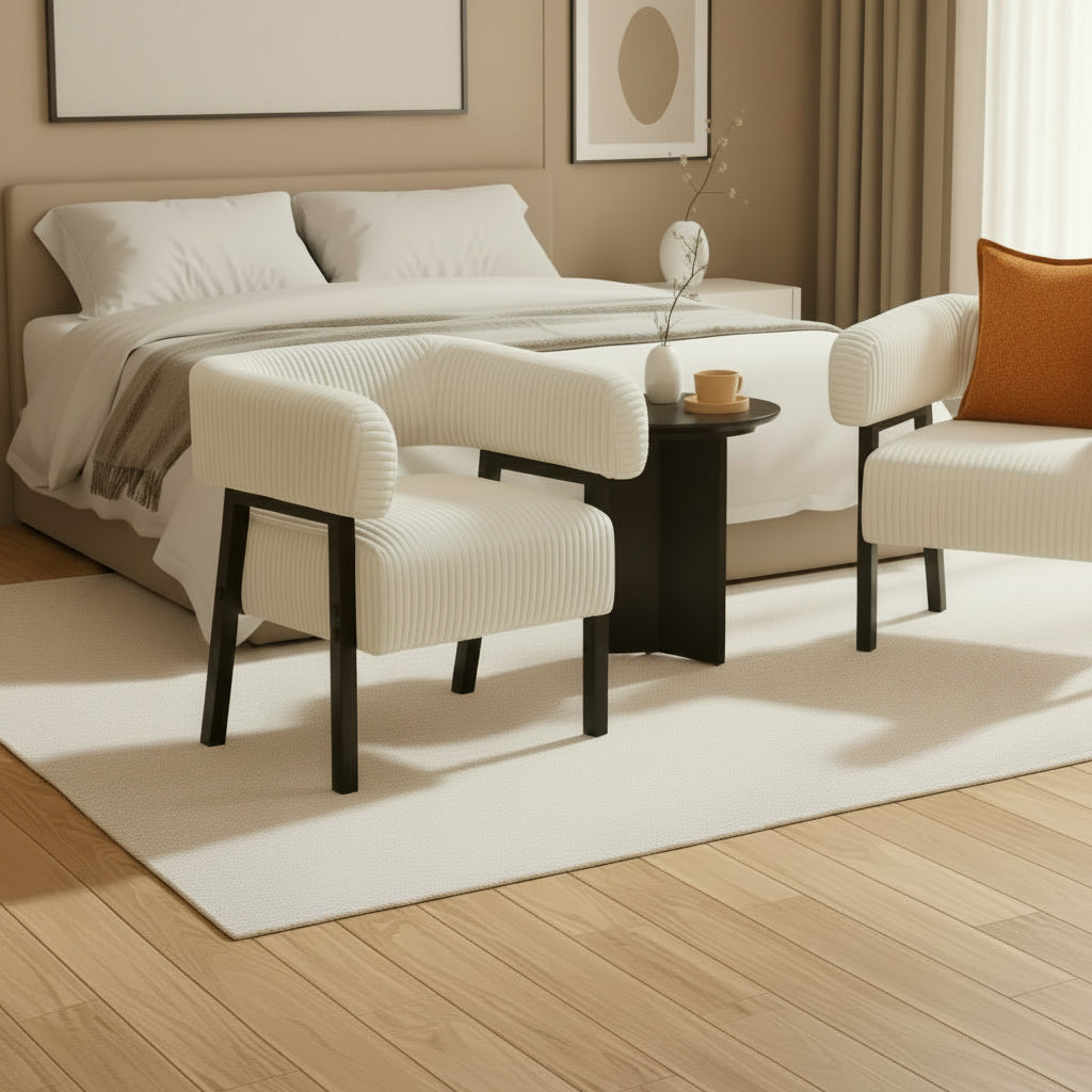 Beige Corduroy Barrel Chair Set Of 2 With Wood Legs-2