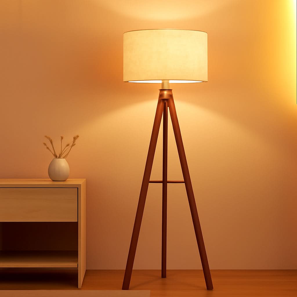 Contemporary Brown Walnut Timber Tripod Floor Lamp-0